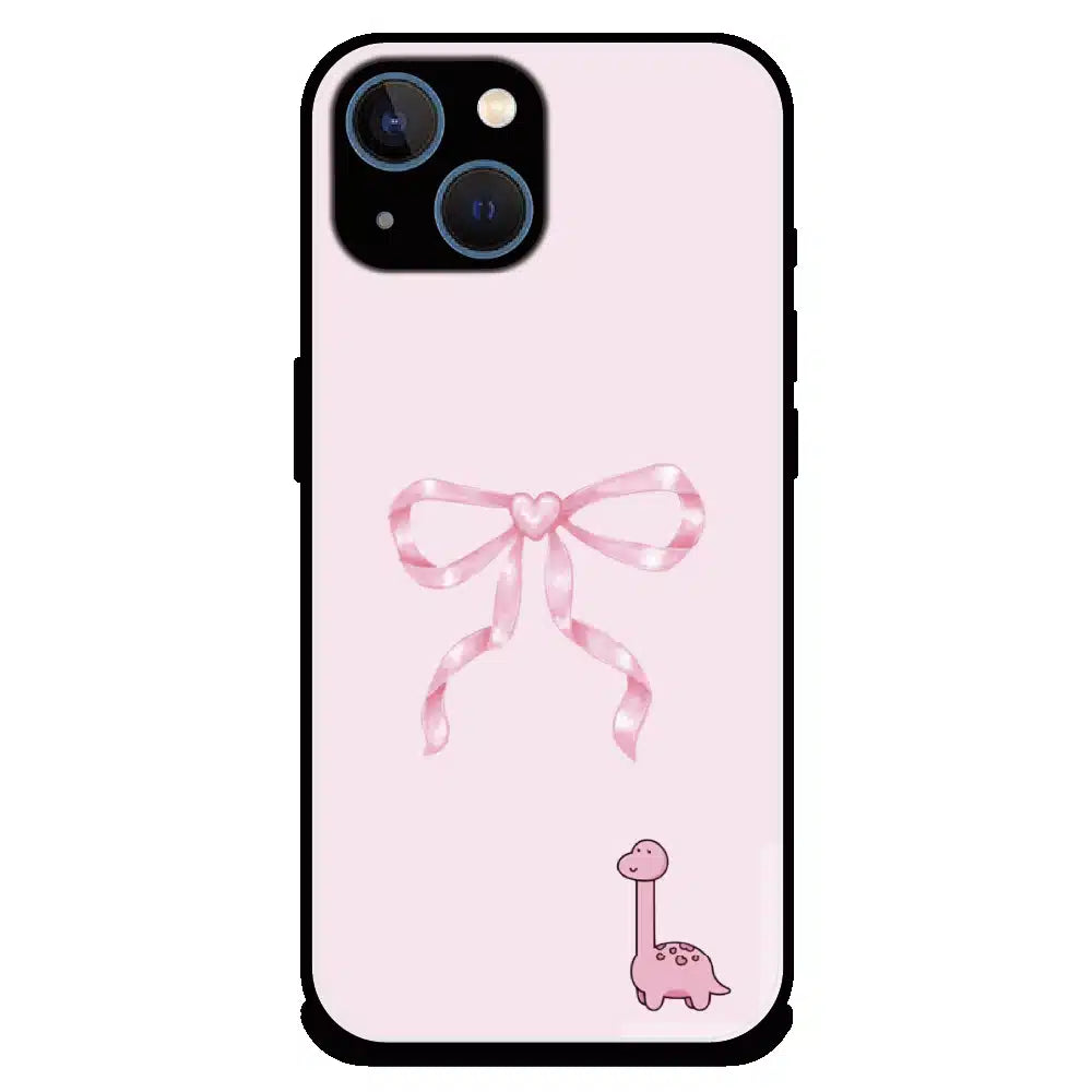 Cute Pink Dino Bow - Glossy Metal Silicone Case For Apple iPhone 13 Mini