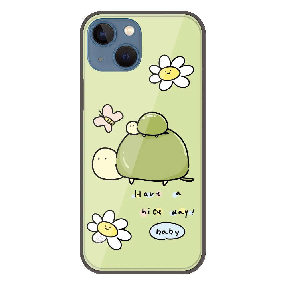 Cute Turtle & Daisy “Have a Nice Day” - Printed Silicone Case For Apple iPhone 13 Mini