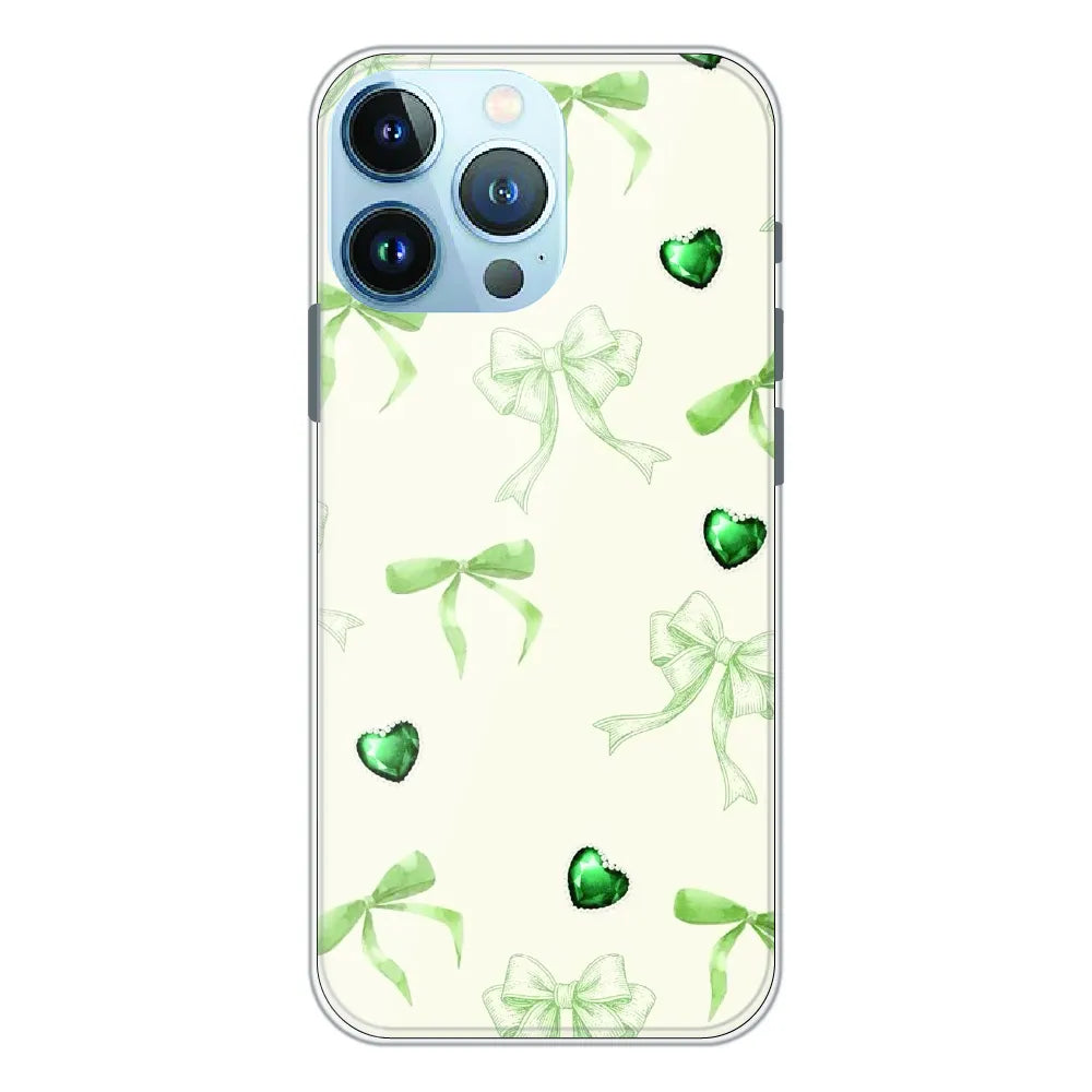 Elegant Green Bow & Heart Pattern - Printed Silicone Case For Apple iPhone 13 Pro