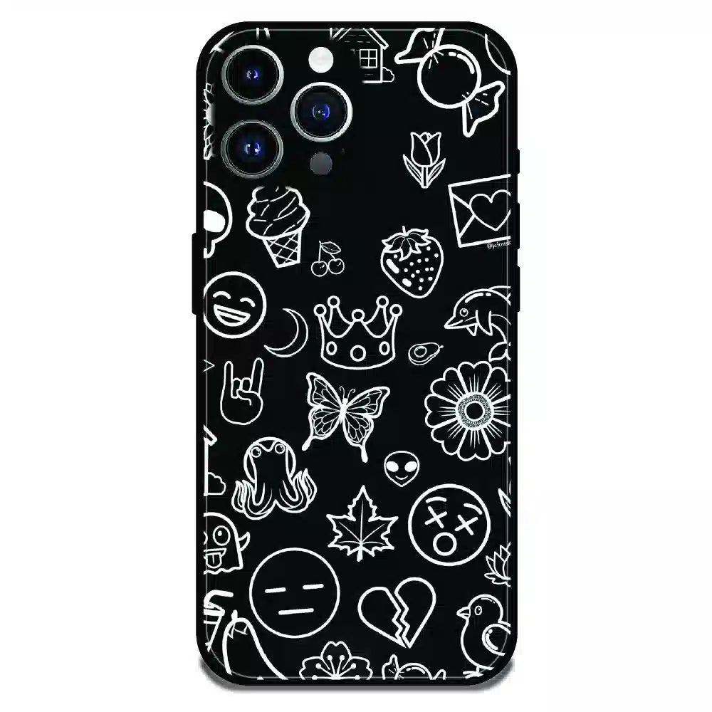 Black Doodle Icons Pattern - Glossy Metal Silicone Case For Apple iPhone 13 Pro Max