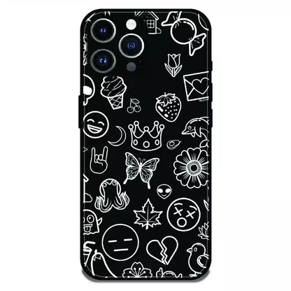 Black Doodle Icons Pattern - Glossy Metal Silicone Case For Apple iPhone 13 Pro Max