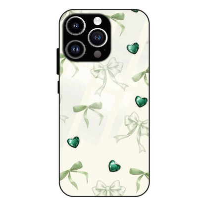 Elegant Green Bow & Heart Pattern - Glass Case For Apple iPhone 13 Pro Max