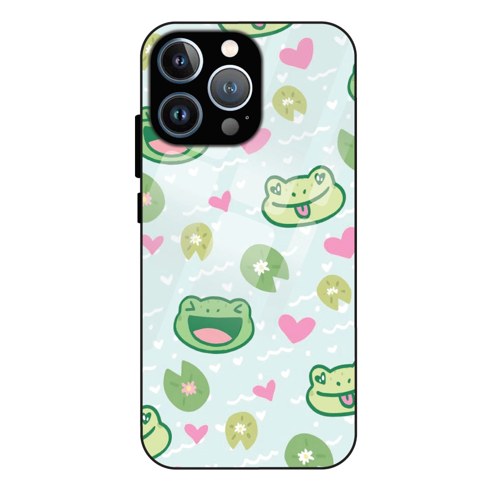 Cute Frog & Heart Pattern - Glass Case For Apple iPhone 13 Pro