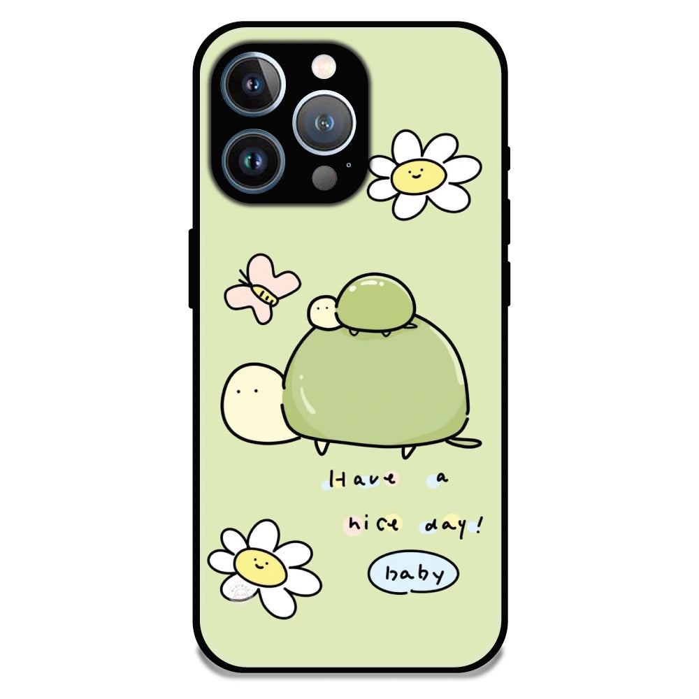 'Cute Turtle & Daisy “Have a Nice Day” - Glossy Metal Silicone Case For Apple iPhone 13 Pro