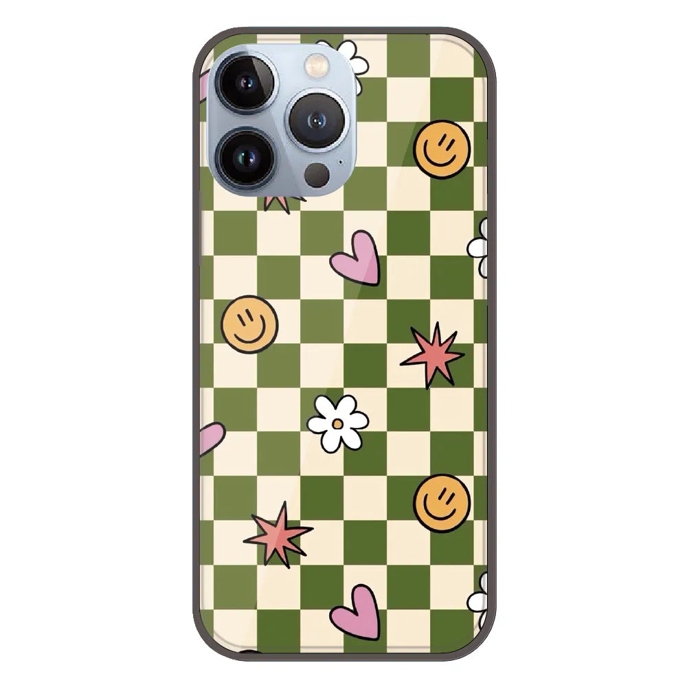 Checkerboard Smile Daisy Heart - Printed Silicone Case For Apple iPhone 13 Pro
