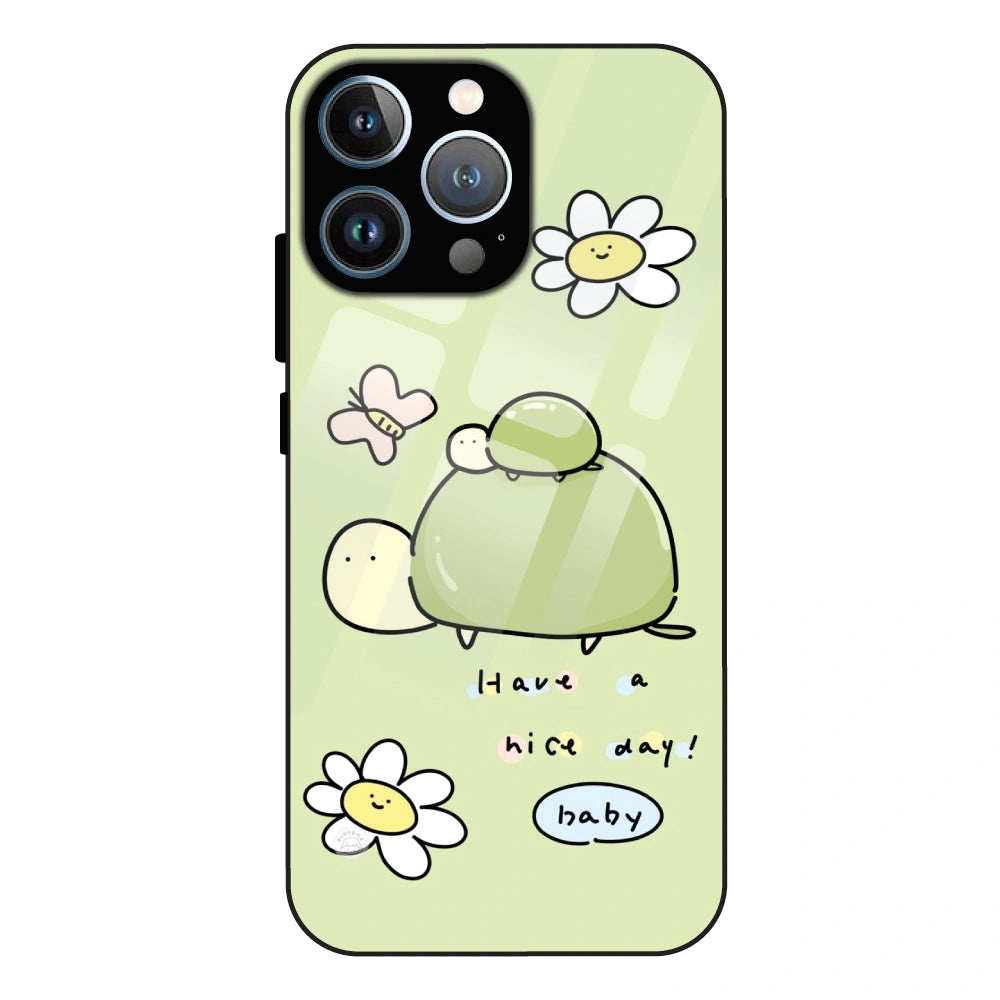 Cute Turtle & Daisy “Have a Nice Day” - Glass Case For Apple iPhone 13 Pro