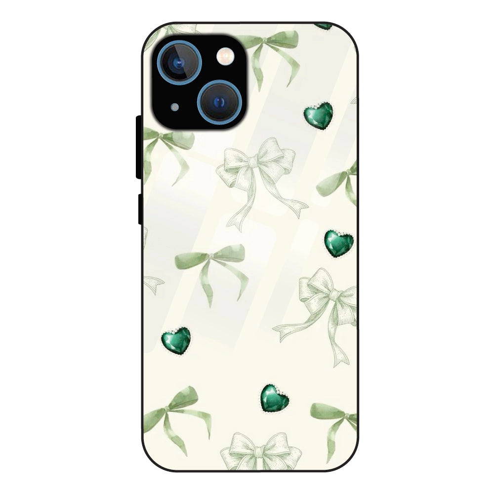 Elegant Green Bow & Heart Pattern - Glass Case For Apple iPhone 13