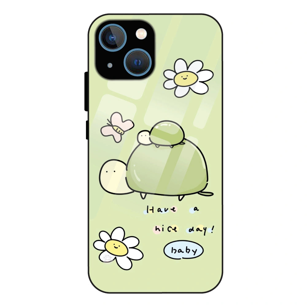 Cute Turtle & Daisy “Have a Nice Day” - Glass Case For Apple iPhone 13