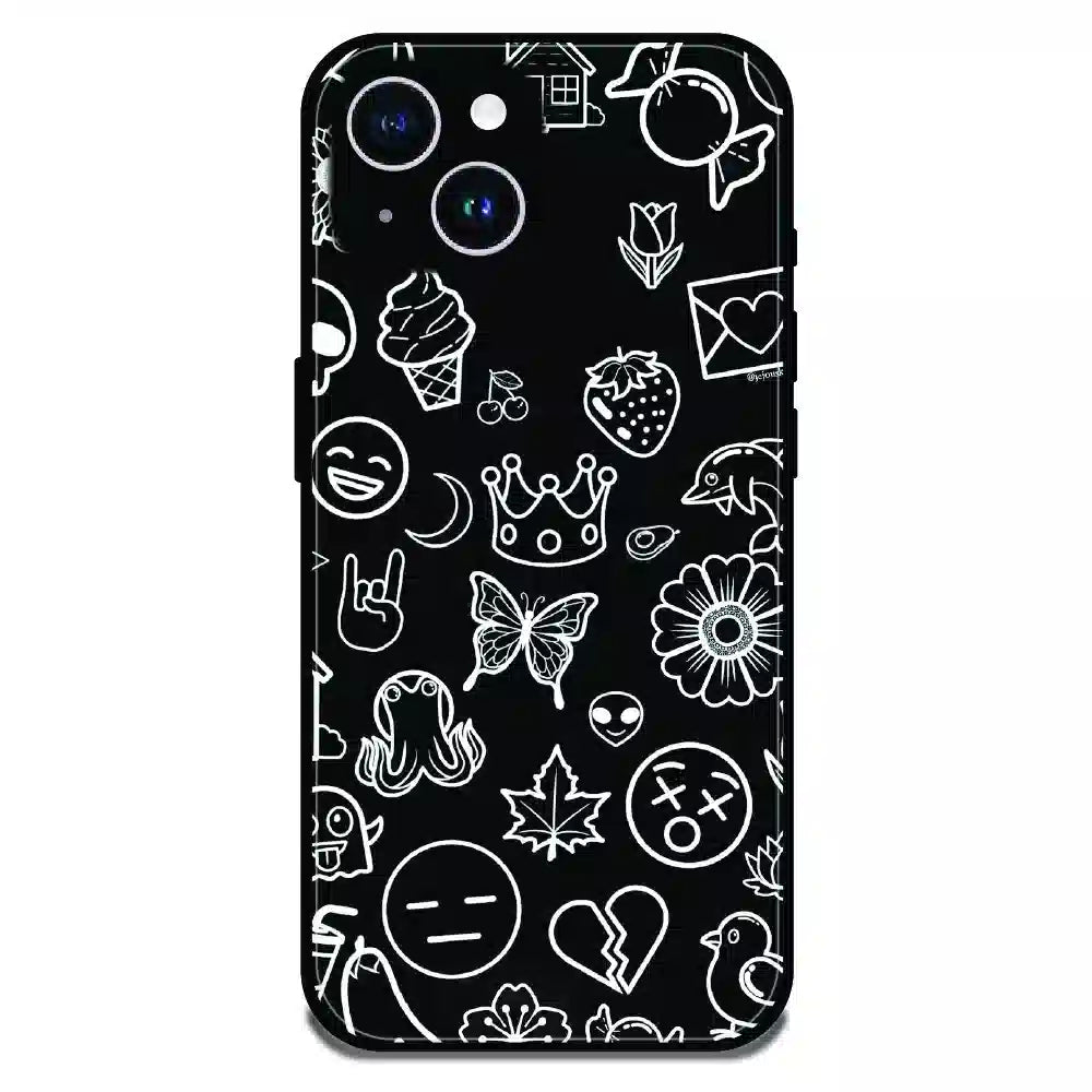 Black Doodle Icons Pattern - Glossy Metal Silicone Case For Apple iPhone 14