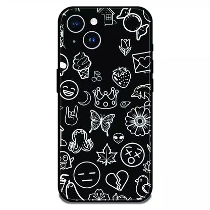 Black Doodle Icons Pattern - Glossy Metal Silicone Case For Apple iPhone 14