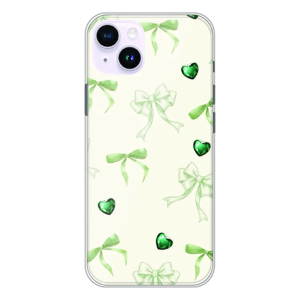 Elegant Green Bow & Heart Pattern - Printed Silicone Case For Apple iPhone 14