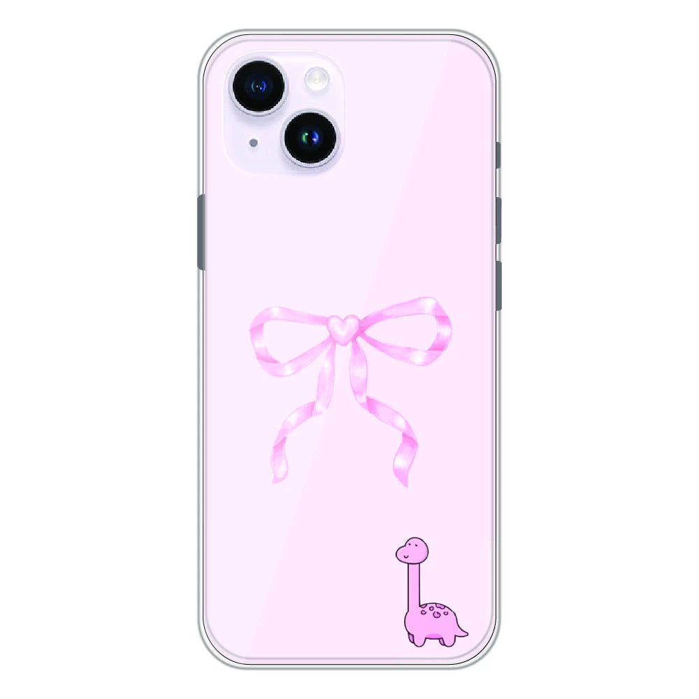 Cute Pink Dino Bow - Printed Silicone Case For Apple iPhone 14
