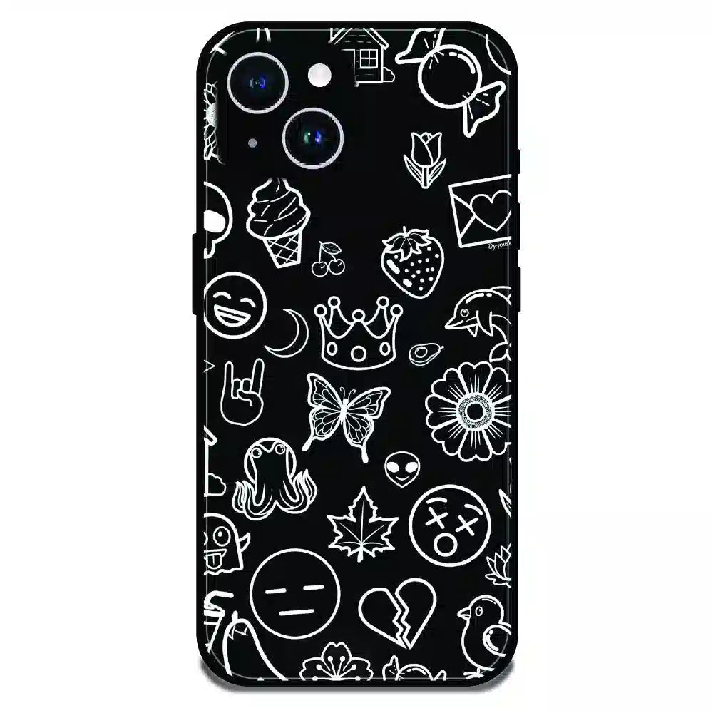 Black Doodle Icons Pattern - Glossy Metal Silicone Case For Apple iPhone 14 Plus