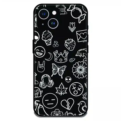 Black Doodle Icons Pattern - Glossy Metal Silicone Case For Apple iPhone 14 Plus