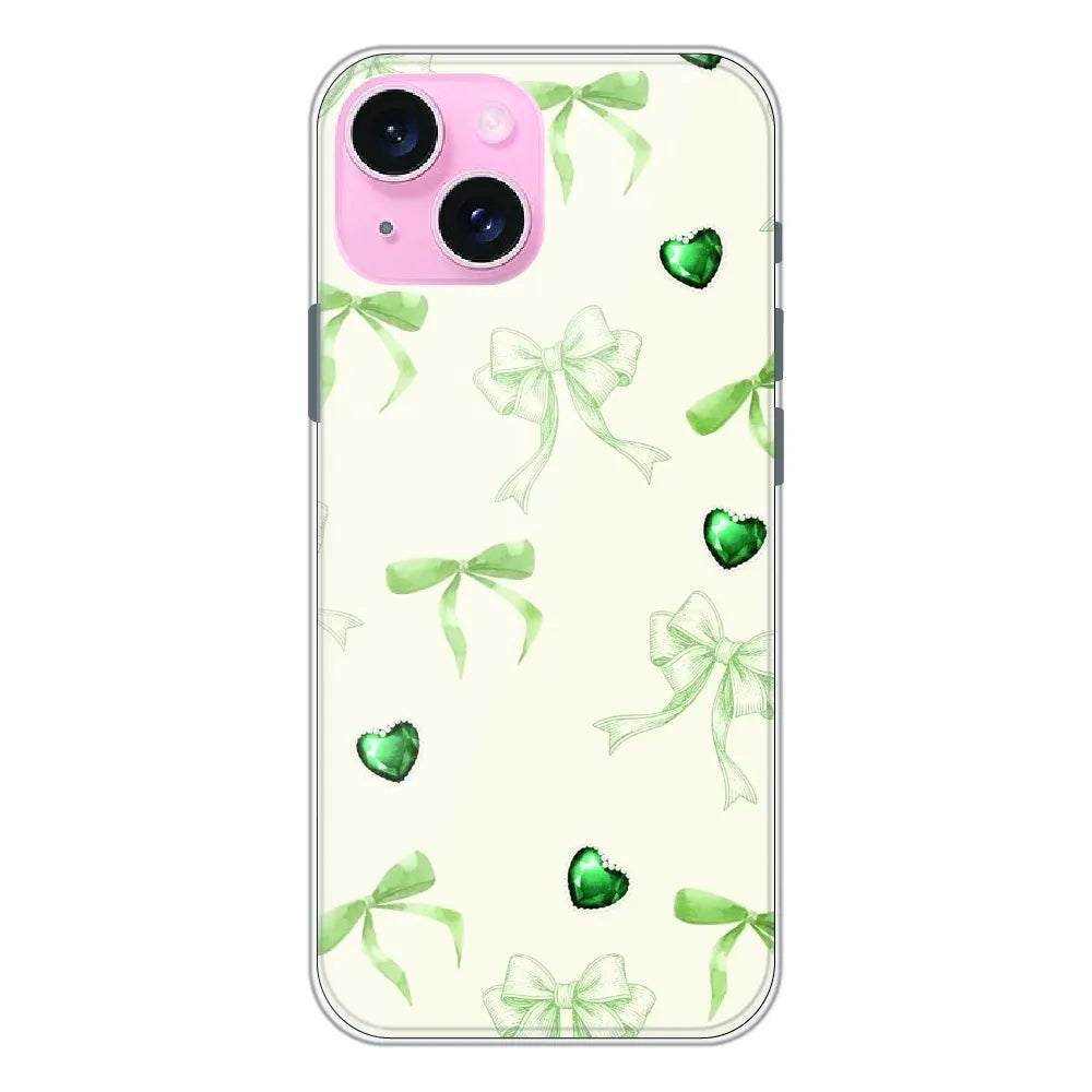 Elegant Green Bow & Heart Pattern - Printed Silicone Case For Apple iPhone 14 Plus