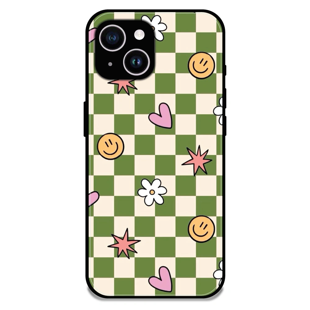 Checkerboard Smile Daisy Heart - Glossy Metal Silicone Case For Apple iPhone 14 Plus