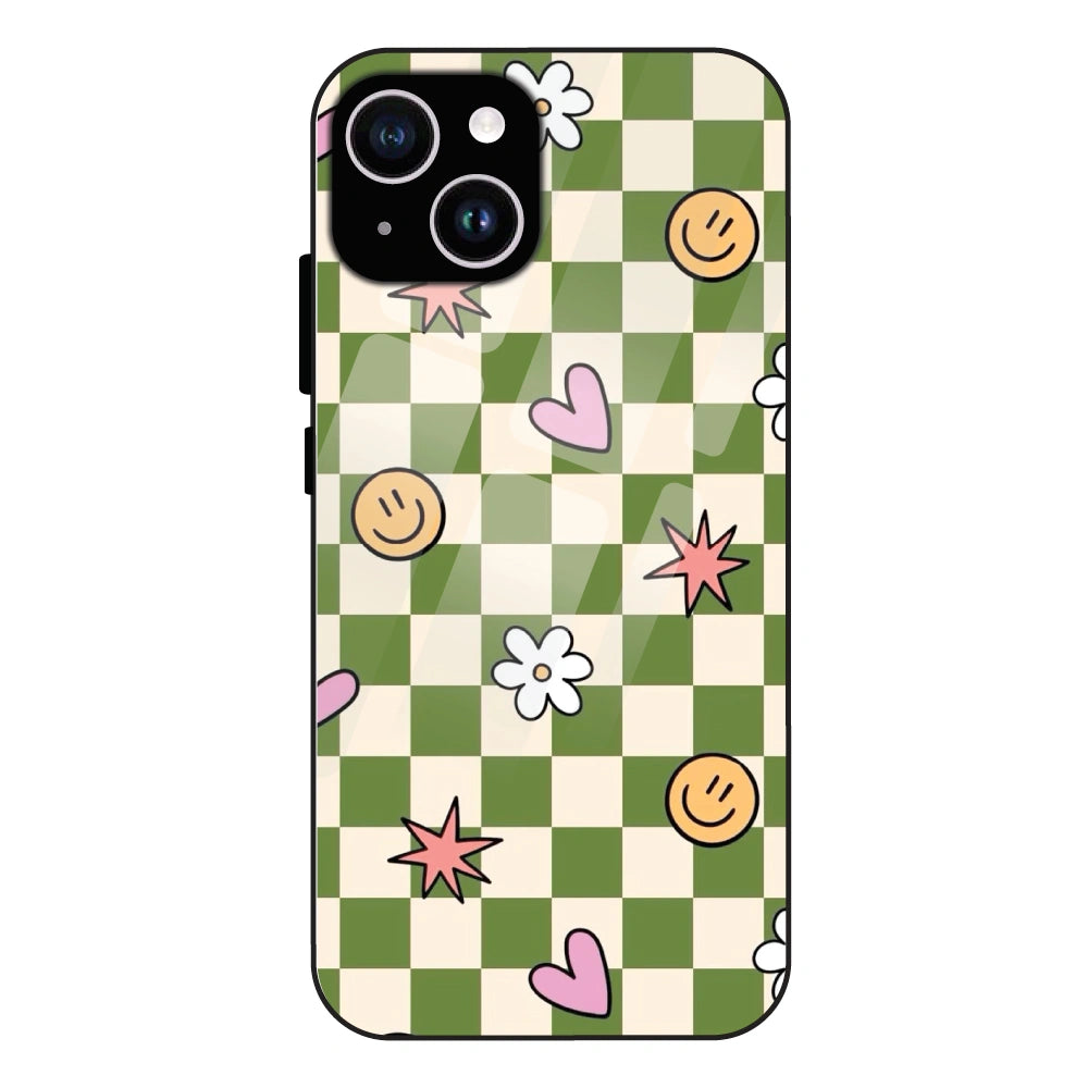 Checkerboard Smile Daisy Heart - Glass Case For Apple iPhone 14 Plus