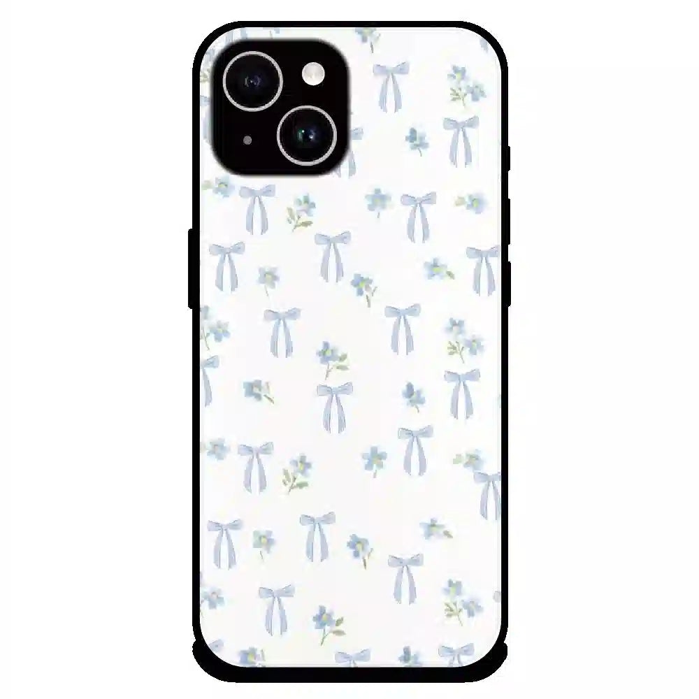 Soft Blue Bow Floral - Glossy Metal Silicone Case For Apple iPhone 14 Plus