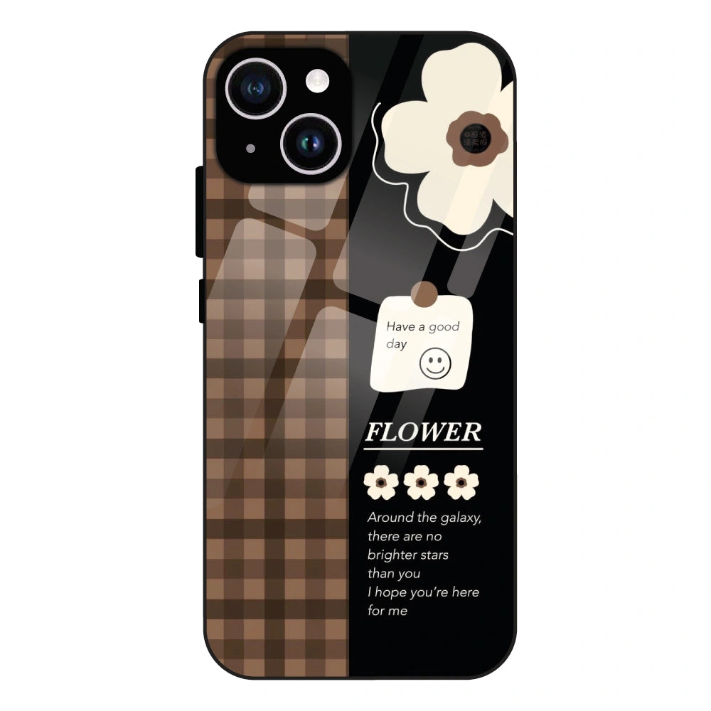 Brown Checkered Flower Quote - Glass Case For Apple iPhone 14 Plus