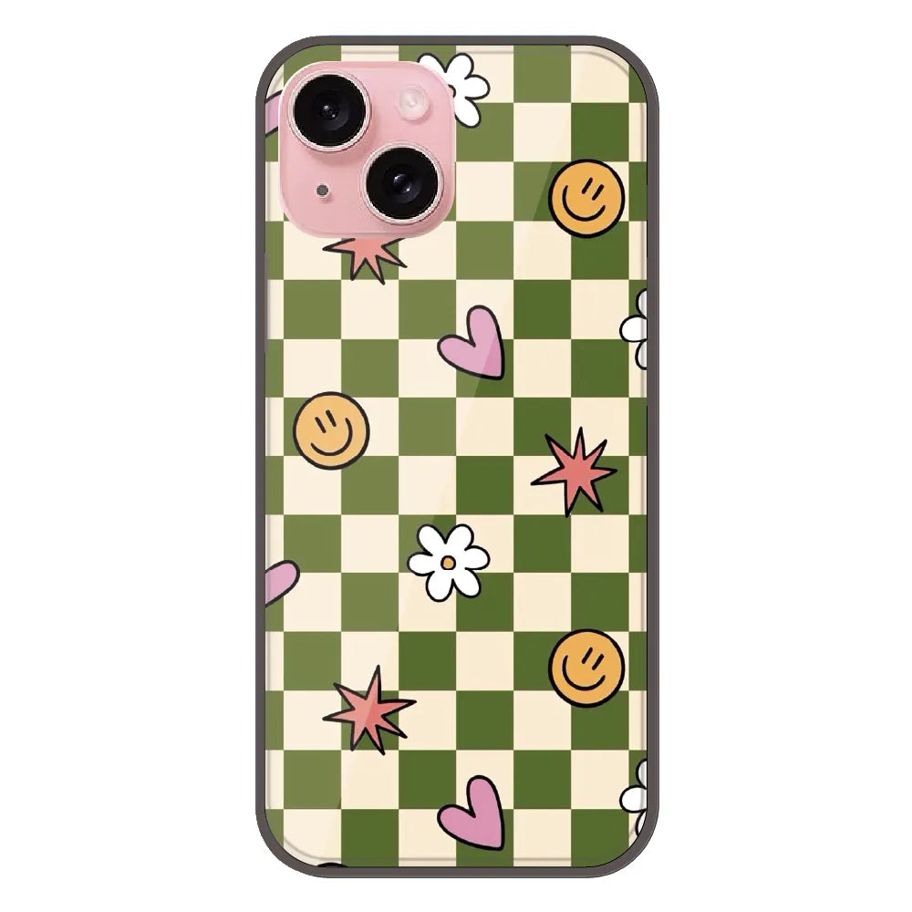 Checkerboard Smile Daisy Heart - Printed Silicone Case For Apple iPhone 14 Plus