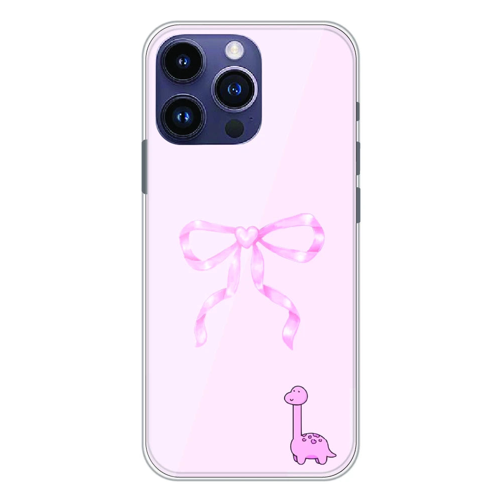 Cute Pink Dino Bow - Printed Silicone Case For Apple iPhone 14 Pro