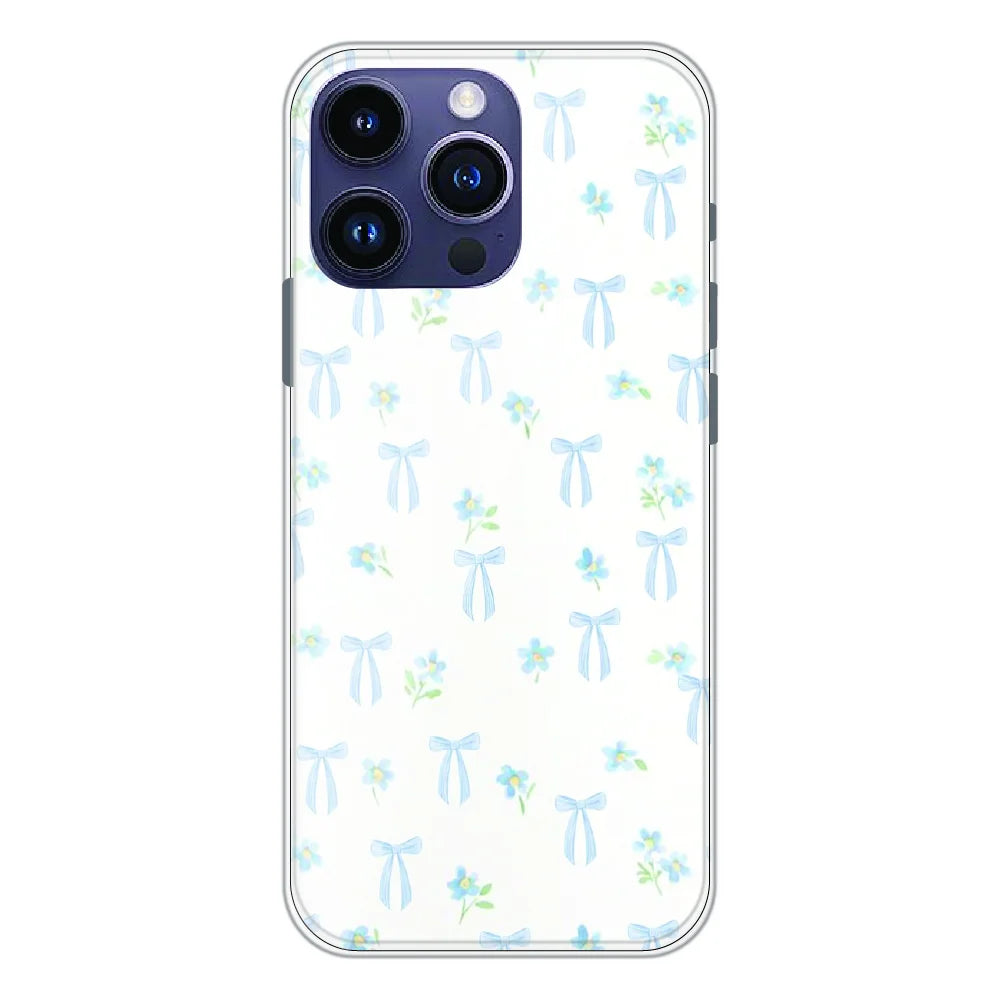 Soft Blue Bow Floral - Printed Silicone Case For Apple iPhone 14 Pro