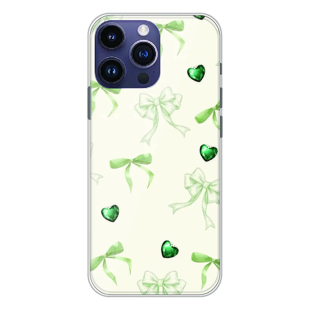 Elegant Green Bow & Heart Pattern - Printed Silicone Case For Apple iPhone 14 Pro
