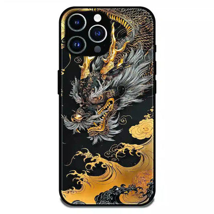Golden Dragon Japanese Art - Glossy Metal Silicone Case For Apple 14 Pro Max
