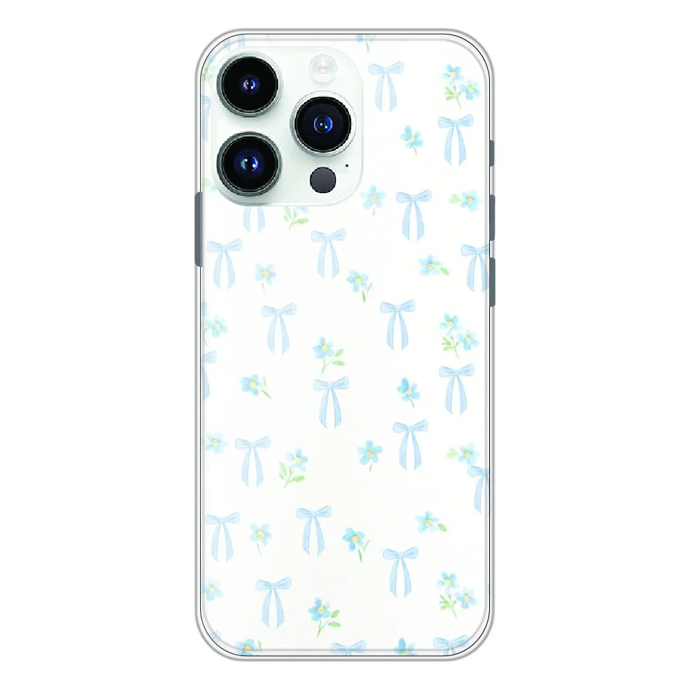 Soft Blue Bow Floral - Printed Silicone Case For Apple iPhone 14 Pro Max