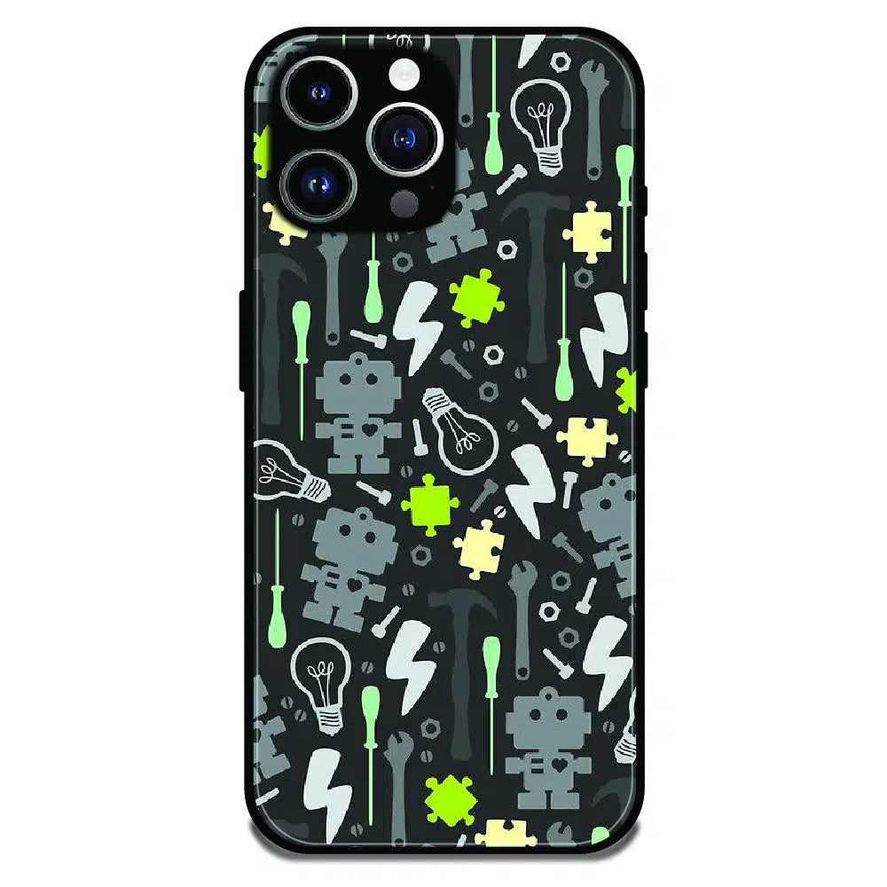 Robot Tools Pattern - Glossy Metal Silicone Case For Apple iPhone 14 Pro Max