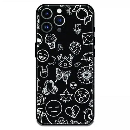 Black Doodle Icons Pattern - Glossy Metal Silicone Case For Apple iPhone 14 Pro Max