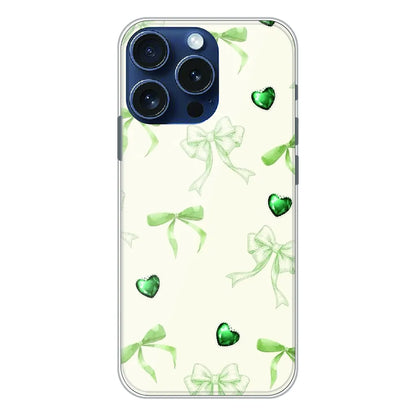 Elegant Green Bow & Heart Pattern - Printed Silicone Case For Apple iPhone 14 Pro Max