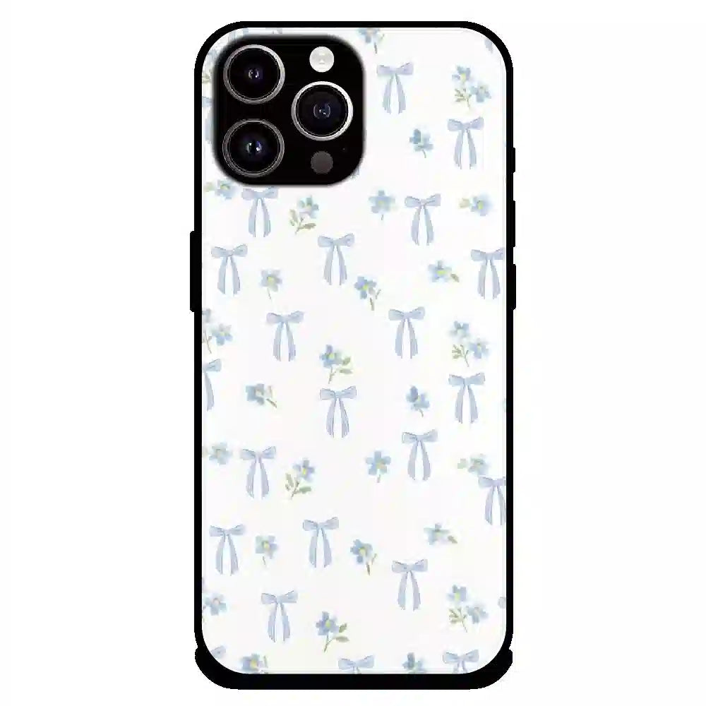 Soft Blue Bow Floral - Glossy Metal Silicone Case For Apple iPhone 14 Pro Max