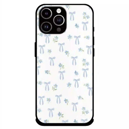 Soft Blue Bow Floral - Glossy Metal Silicone Case For Apple iPhone 14 Pro Max