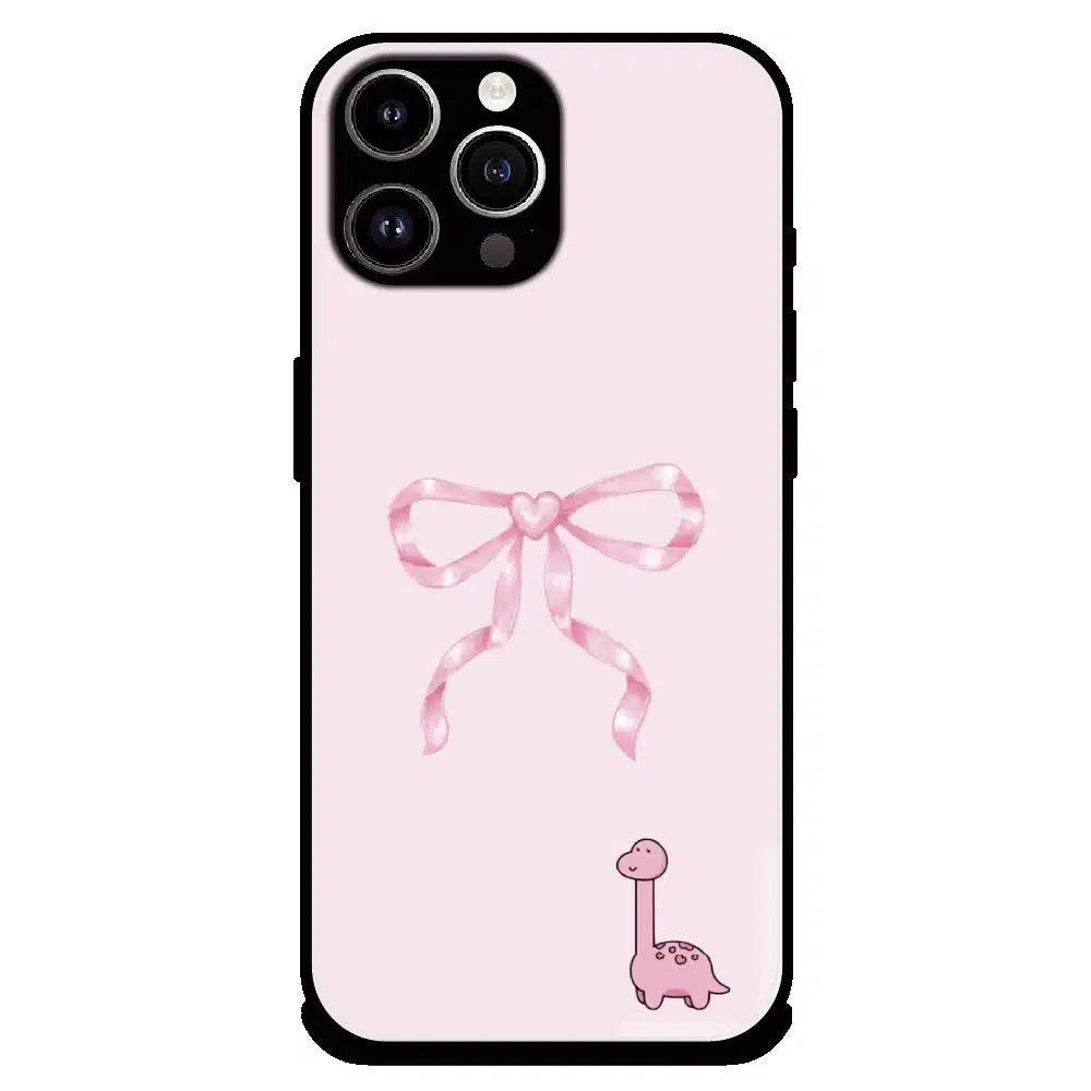 Cute Pink Dino Bow - Glossy Metal Silicone Case For Apple iPhone 14 Pro Max
