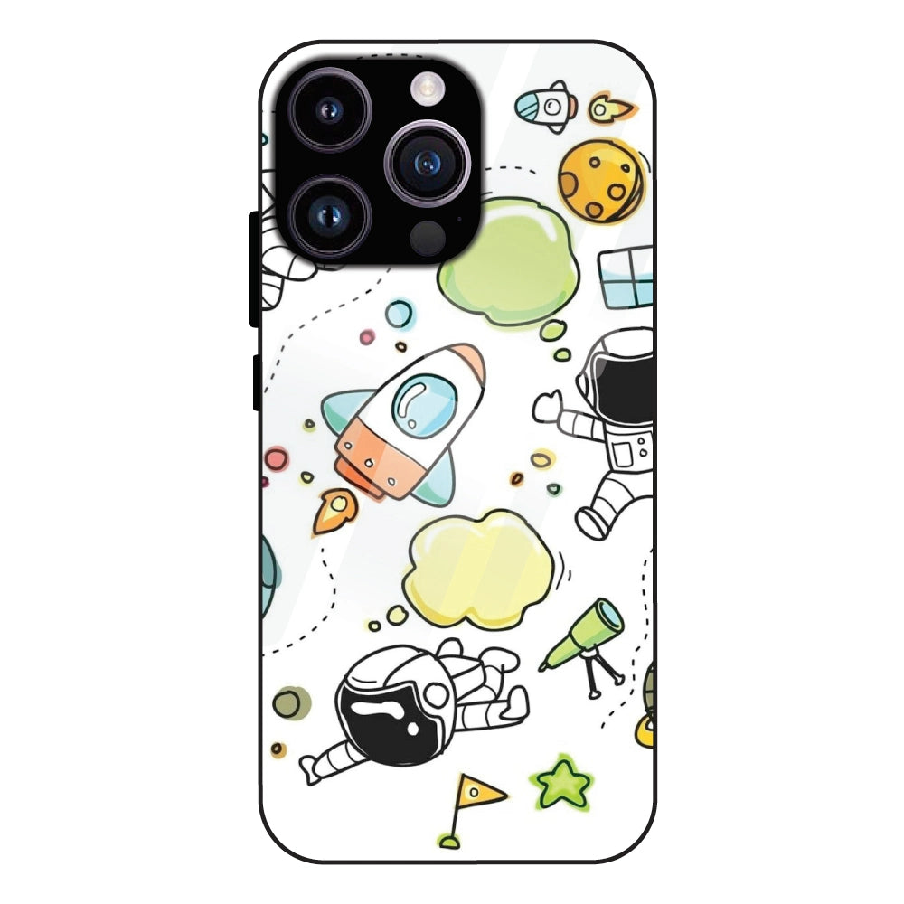 Cute Rocket & Galaxy - Glass Case For Apple iPhone 14 Pro