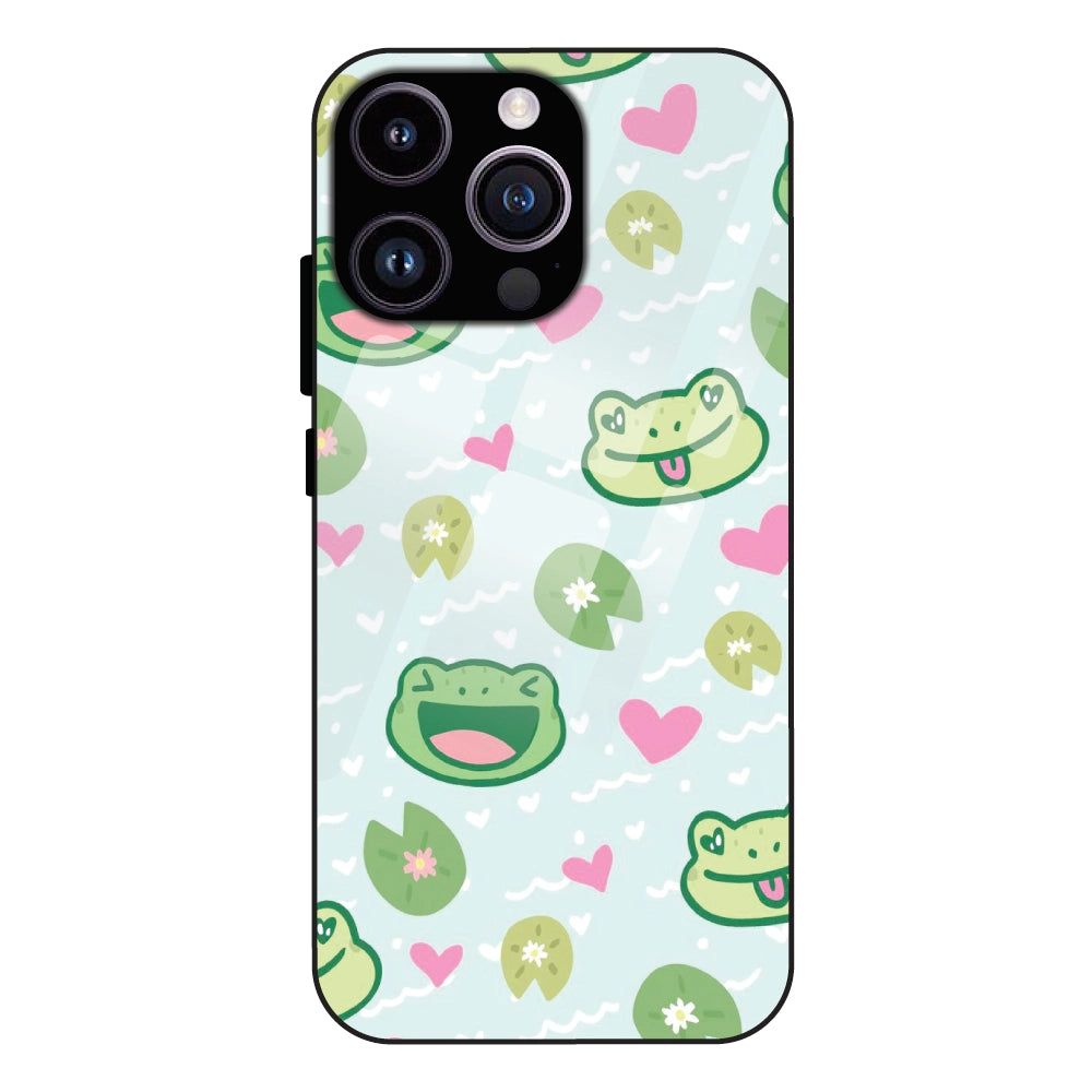Cute Frog & Heart Pattern - Glass Case For Apple iPhone 14 Pro