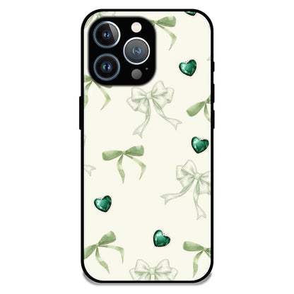 Elegant Green Bow & Heart Pattern - Glossy Metal Silicone Case For Apple iPhone 14 Pro