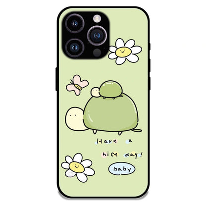 'Cute Turtle & Daisy “Have a Nice Day” - Glossy Metal Silicone Case For Apple iPhone 14 Pro