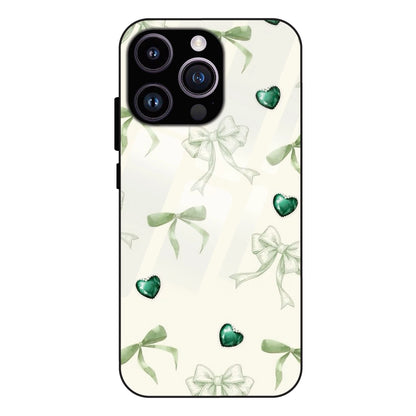 Elegant Green Bow & Heart Pattern - Glass Case For Apple iPhone 14 Pro