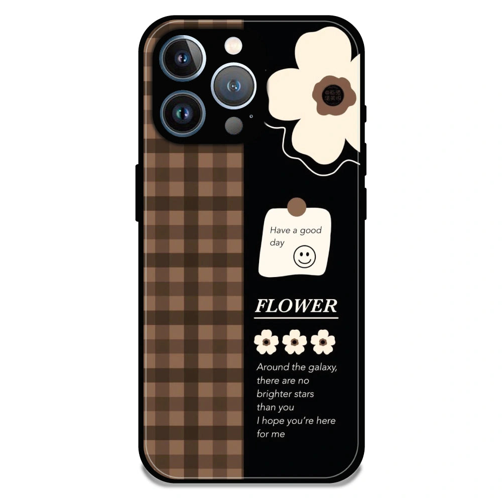 Brown Checkered Flower Quote - Glossy Metal Silicone Case For Apple iPhone 14 Pro