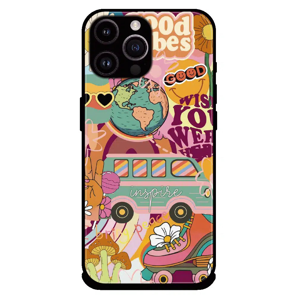 Good Vibes Retro Travel Art - Glossy Metal Silicone Case For Apple iPhone 14 Pro
