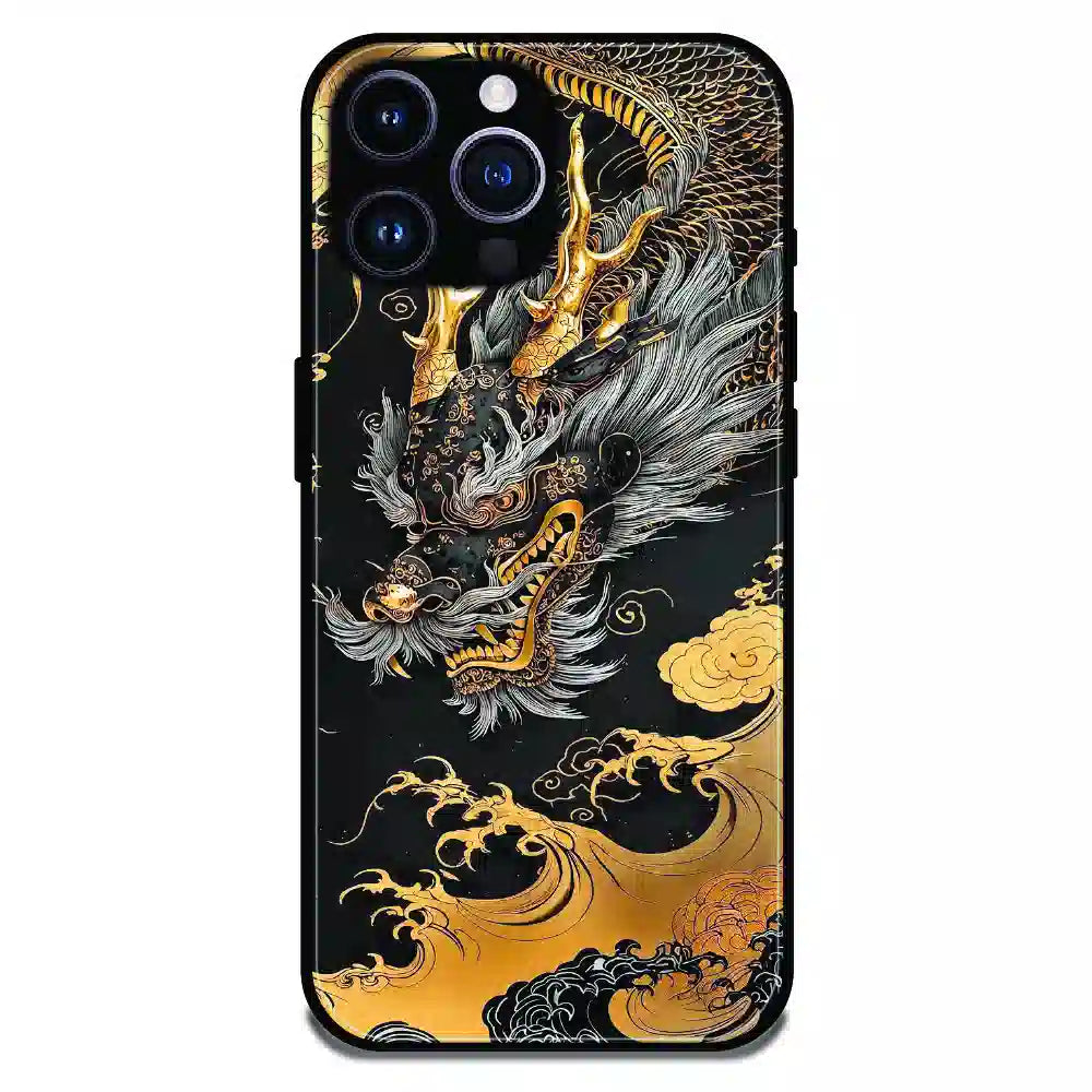 Golden Dragon Japanese Art - Glossy Metal Silicone Case For Apple 14 Pro
