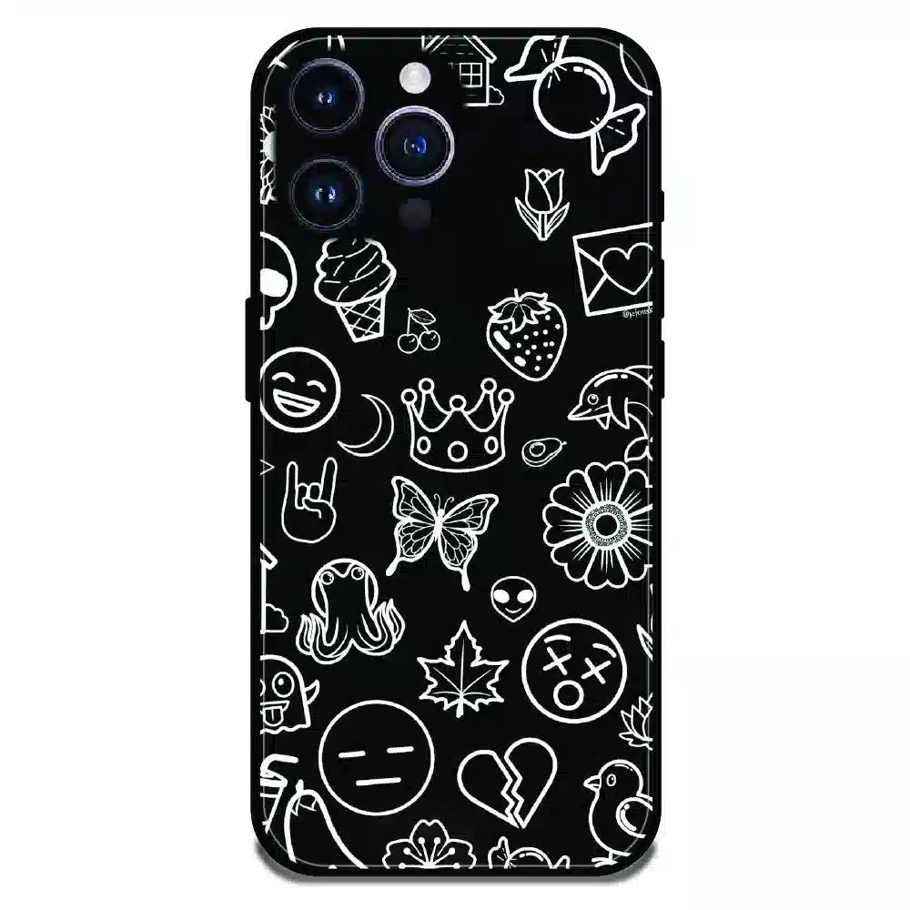 Black Doodle Icons Pattern - Glossy Metal Silicone Case For Apple iPhone 14 Pro