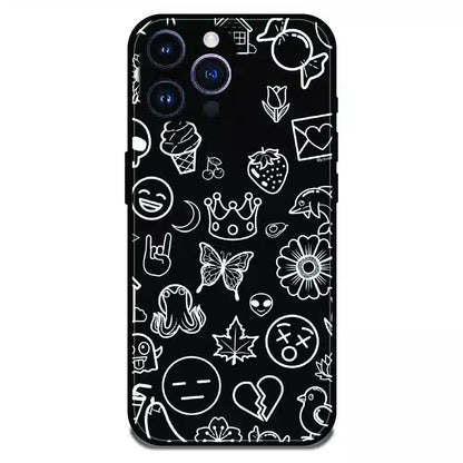 Black Doodle Icons Pattern - Glossy Metal Silicone Case For Apple iPhone 14 Pro