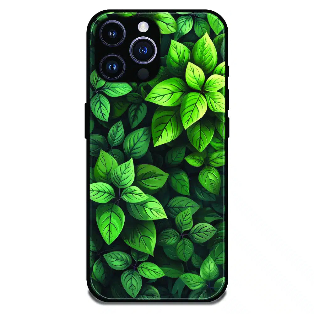 Lush Green Leaf Pattern - Glossy Metal Silicone Case For Apple iPhone 14 Pro