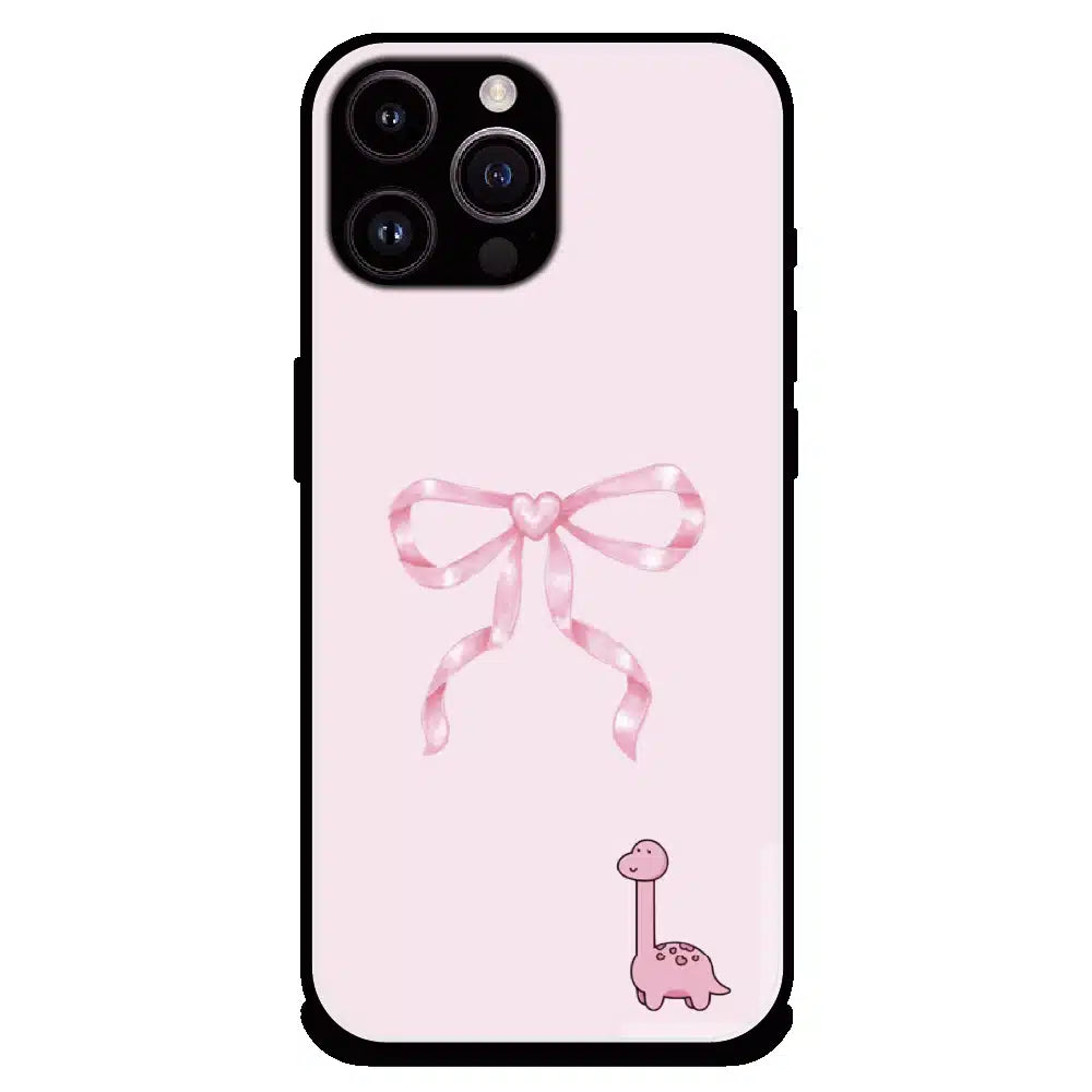 Cute Pink Dino Bow - Glossy Metal Silicone Case For Apple iPhone 14 Pro