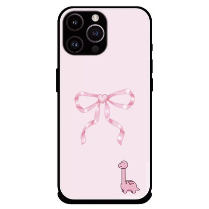 Cute Pink Dino Bow - Glossy Metal Silicone Case For Apple iPhone 14 Pro