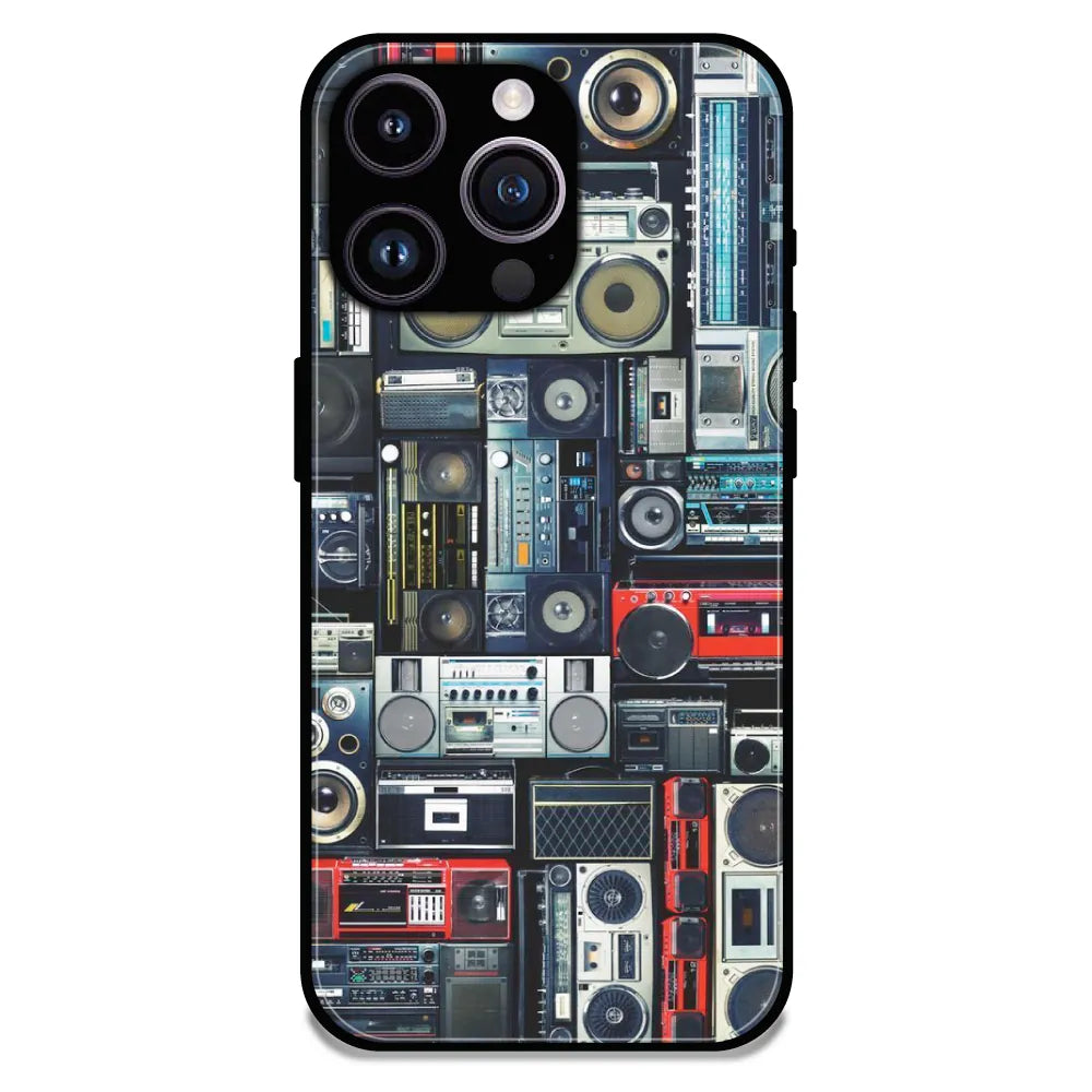 Retro Boombox Music Pattern - Glossy Metal Silicone Case For Apple iPhone 14 Pro