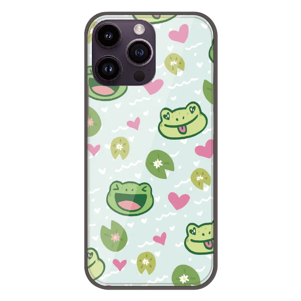 Cute Frog & Heart Pattern - Printed Silicone Case For Apple iPhone 14 Pro